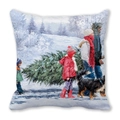 Funda de cojín navideña con pintura al óleo de una familia en un paisaje nevado - 45x45cm / Estilo Familia Llevando Árbol de Navidad (35)