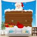Detail of Christmas Santa tapestry with wood texture pattern and gift boxes on wall - 木板背景礼盒圣诞老人(款式8) / 100x70(Peach Skin)