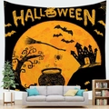 Detail van een Halloween-wandtapijt met oranje maan en kasteel aan de woonkamerwand - 150x100cm (Perzikhuid) / Stijl 6
