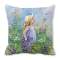Peach skin pillow cover featuring a watercolor little girl in a floral garden - Girl Pointing at Butterfly (23)
