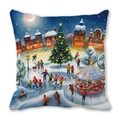 Winter town Christmas pillowcase featuring ice skaters by a festive tree on peach skin fabric - Christmas Snow Night Skating Scene Style (21)