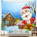 Christmas tapestry with Santa and snowman motifs hanging on a living room wall - Snow Cabin Santa (Style 2) / 150x100(Peach Skin)
