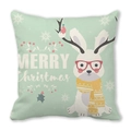 Detail of mint green linen pillow featuring a cartoon Christmas rabbit with antlers - Antler Rabbit Merry Christmas