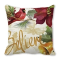Square Christmas pillow case featuring a red cardinal bird and Believe text print - Believe Christmas Score Style (20)