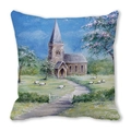 Square cushion cover featuring an oil painting style rural landscape with a church and sheep - Oil Painting Village Church (30)