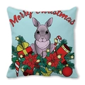 Blauer Weihnachts-Kissenbezug mit Hasen und Merry Christmas Aufdruck auf Pfirsichhaut-Stoff - Hellblauer handbemalter Hasen-Weihnachtsstil (31)