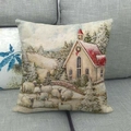 Linen Christmas snowman throw pillow cover with winter church and snowy sheep scenery - Winter Church Snow Scene (2)