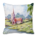 Square pillowcase featuring printed European pastoral oil painting with sheep and church - Stream Willow Sheep (32)