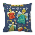 Housse de coussin de Noël carrée avec imprimé ange et motifs festifs sur tissu bleu - Trois anges avec instruments (19)