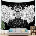 Detail of gothic skull tapestry with snake and bone wings hanging above a grey sofa - 150x130(Peach Skin) / Mystic Geometric Two-Headed Snake Style (10)