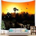 Living room setting showing a Halloween tapestry with pumpkins and a gothic castle silhouette - 150x100(Peach Skin) / Pumpkin Old House (1)