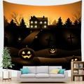 Detailed view of Halloween ghost castle tapestry hanging above a grey living room sofa - 150x100(Peach Skin) / Ghost Castle (2)