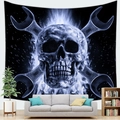 Arazzo con teschio e fiamma blu su parete del soggiorno in stile punk chic - Stile Realistico con Chiave Inglese in Fiamme (9) / 100x70(Pelle di Pesca)