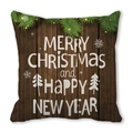 Kissenbezug mit brauner Holzmaserung und weißem Merry Christmas Aufdruck für Weihnachten - Braune Holzmaserung Tannenzweige Wünsche Stil (32)