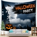 Detailed view of Halloween tapestry featuring haunted castle and moon above a sofa - Party Night (5)