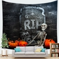 Halloween wall tapestry featuring RIP tombstone, skeleton, and pumpkins in a living room - 150x130(Peach Skin) / Halloween Tombstone Pumpkin Style (7)