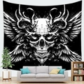 Detailed view of a gothic skull tapestry with antlers and wings on a living room wall - 150x130(Peach Skin) / Deer Antler Winged Skull Style (5)