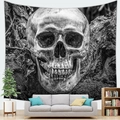 Arazzo da parete teschio gotico bianco e nero sopra un divano beige decorativo - Stile Realistico con Texture Legno e Pietra (4) / 100x70(Pelle di Pesca)