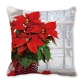 Floral pillow cover featuring red poinsettia oil painting and snowy window view design - Winter Window Poinsettia Style (27)