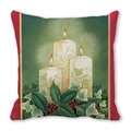 Funda de cojín navideño con velas encendidas, bayas de acebo y bordes rojos vivos - Velas de Navidad y Acebo (30)