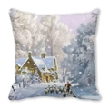 Square Christmas pillow case featuring a snowy winter village scene with sheep on peach skin fabric - Winter Countryside Shepherd Snow Style (32)