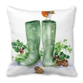 Housse de coussin de Noël blanche avec imprimé rouge-gorge et bottes de pluie vertes - Bottes et Rouge-Gorge (20)