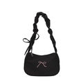 Sac sous le bras croissant noir minimaliste avec broderie nœud rose et bandoulière à volants - Noir