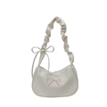 Sac à bandoulière crème chic avec bandoulière froncée et nœud rose brodé élégant - Blanc