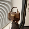 Minimalist brown PU leather crossbody bag with gold rectangular clasp and chain strap - Brown