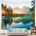 Tapiz de pared con paisaje natural de montaña nevada y lago para decoración de sala - 100X70 / Piel de Melocotón / Bosque Nevado Soleado (9)
