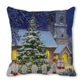 Housse de coussin de Noël en peau de pêche avec chorale et église pour la fête - Église de nuit enneigée et chorale (22)