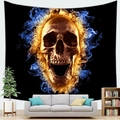 Arazzo teschio con fiamme blu e ambra per decorazione da parete in soggiorno - Stile Teschio in Fiamme Blu e Oro (3) / 100x70(Pelle di Pesca)