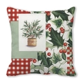 Funda de cojín navideña con cuadros rojos geométricos, hojas de acebo y bayas rojas - Plantas Verdes en Maceta de Navidad Retazos (34)