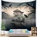 Ghost castle peach skin tapestry featuring gothic manor and crows for Halloween decor - Gothic Old House (10)