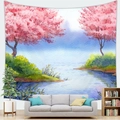 Tapiz de pared paisaje con cerezos en flor en acuarela para decoración de cuarto - 150x100 / Piel de Melocotón / Paisaje Del Río De Los Cerezos En Flor