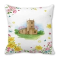 Housse de coussin avec église aquarelle et fleurs de printemps sur tissu peau de pêche - Jonquilles et Église (27)