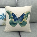 Square beige cotton linen pillowcase with retro teal and navy butterfly print - Teal Navy Retro Butterfly (11) / 45x45cm
