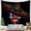 Halloween Mexican sugar skull tapestry hanging on a white wall above a grey sofa - 150x100(Peach Skin) / Mexican Style Colorful Skull (4)