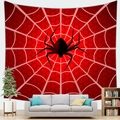 Macro detail of Halloween wall tapestry featuring black spider on red spiderweb background - 100X70 / Red Spider Web with Black Spider Design (3)