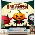 Detailed view of Halloween peach skin tapestry with spooky cartoon characters on a wall - 100X70 / Cartoon Halloween Characters Design (5)