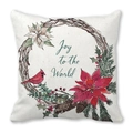 Winter wreath cushion cover with cardinal bird and Joy to the World text in peach skin - Joy to the World Winter Wreath Style (40)