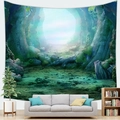 Detailed tapestry view of psychedelic forest and mushrooms above a sofa in a living room - Healing Morning Light Jungle (1) / 150x100cm (Peach Skin)