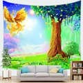 Detail of psychedelic forest tapestry with golden phoenix and magic tree hanging on wall - Golden Phoenix Fantasy Tree (12)