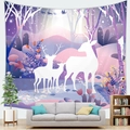 Detail of pink fantasy forest Christmas tapestry hanging in a cozy living room setup - Christmas Forest White Reindeer (7)