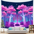 Trippy forest tapestry with colorful mushrooms and glowing trees for wall decoration - Pink Mushroom Starry Sky (6) / 150x100cm (Peach Skin)
