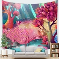 Fantasy forest tapestry with colorful mushrooms hanging above a modern gray sofa - Purple Fantasy Forest (4) / 150x100cm (Peach Skin)