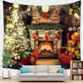 Detailed view of Christmas tree and fireplace tapestry hanging over a modern sofa - 100x70(Peach Skin) / Cozy Indoor Christmas Decor and Fireplace (10)