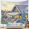 Christmas tree and snowy cabin tapestry wall hanging for festive home decor - 100x70(Peach Skin) / Winter Snowy Cabin and Bullfinches (11)