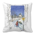 Housse de coussin carrée blanche avec imprimé aquarelle de paysage de neige hiver - Marche dans la Neige (34)