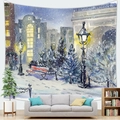 Watercolor winter street scene tapestry hanging above a grey sofa for home wall decor - 150x100(Peach Skin) / Watercolor Winter Street View (1)
